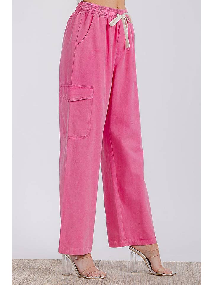 ROUSSEAU - Wholesale Pants - Women's - ELASTIC WAIST CARGO POCKETS WIDE LEG DENIM PANTS