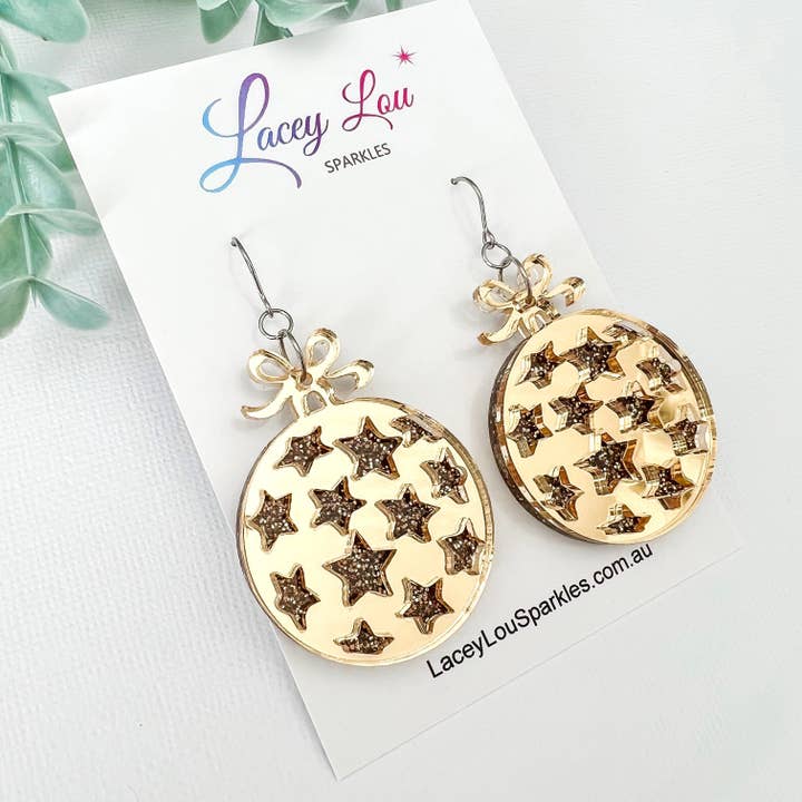 Star Christmas Bauble Earrings - Gold for wholesale by Lacey Lou Sparkles
