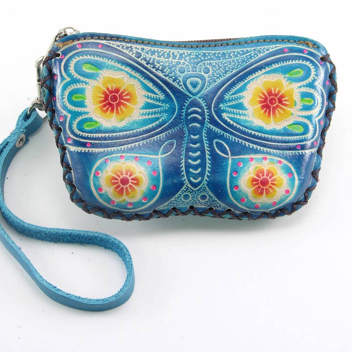 Handmade leather butterfly coin purse wallet T301 for wholesale by Sunflower Handmade leather inc