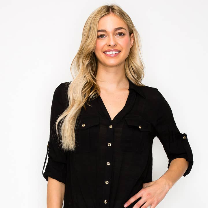 Camicia con bottoni sul davanti e tasca con maniche arrotolate a 3/4 per la vendita all'ingrosso da parte di Perseption