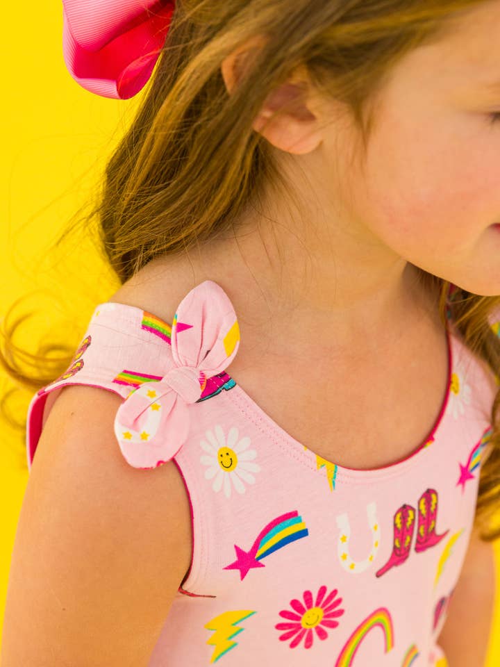 Pink Girls Cowgirl Cutie Knit Tie Shoulder Twirl Dress for wholesale on Faire