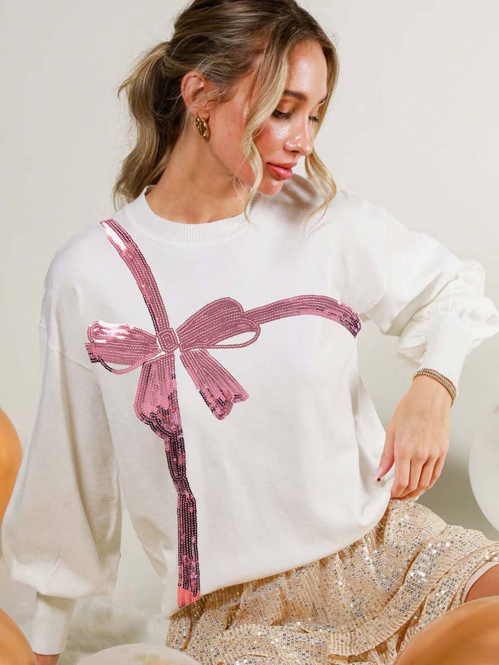 Vine & Love - Wholesale Knit Sweater - Women's - Bow Embroidered Sequin Trim Knitted Sweater Top VT81862