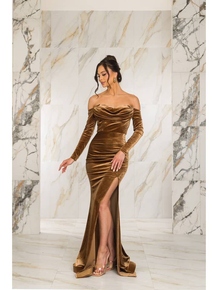 RICARICA INC. - Wholesale Dress - Women's - 9585P1-XL ONLY VELVET OFF SHOULDER LONG SLEEVE MAXI DRESS