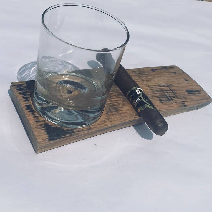 Bourbon Stave Rocks Glass Holder w/Cigar Rest & Rocks Glass for wholesale by Fire & Fluff Laser Art Studio