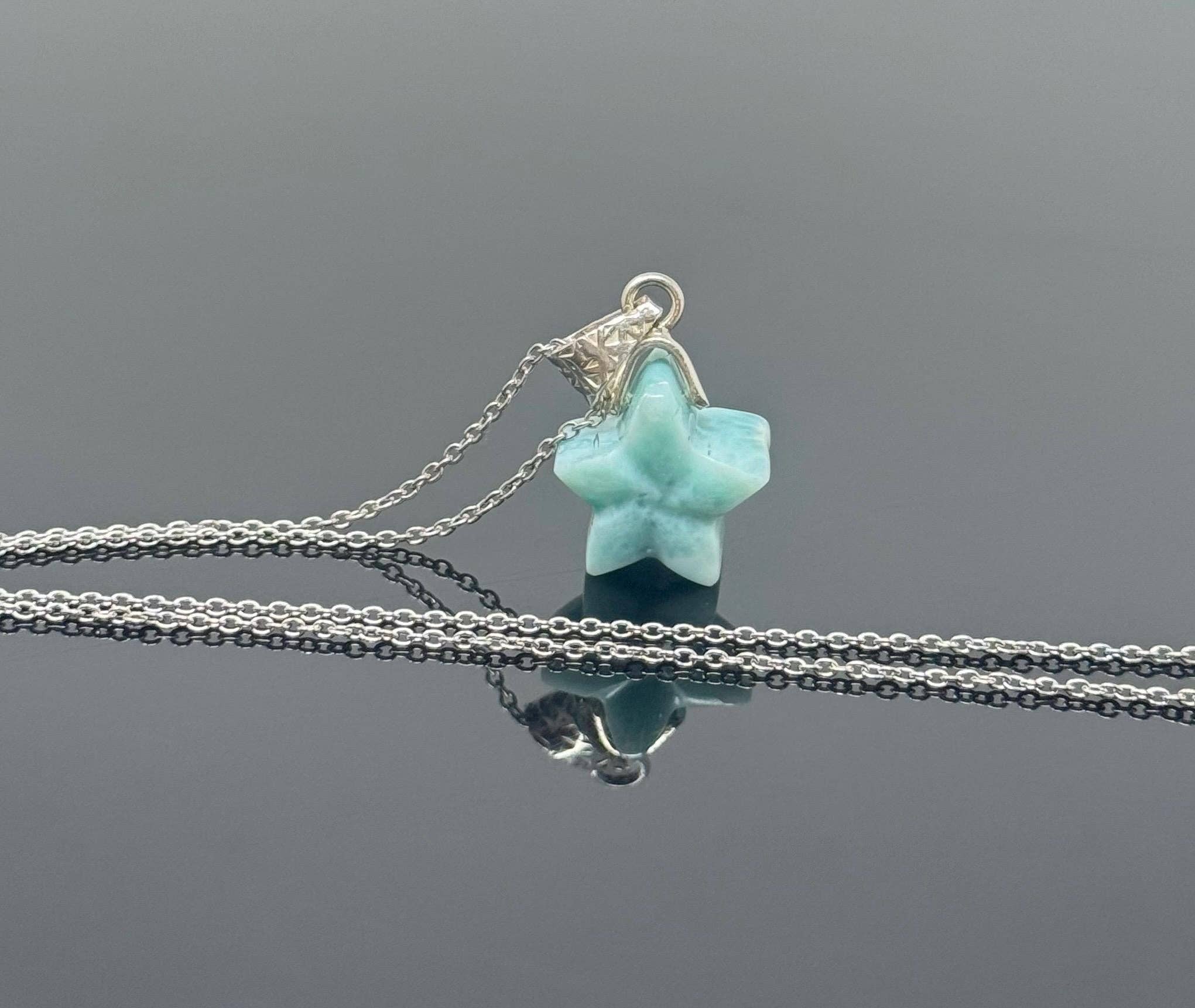 Akstar Gems – wholesale Pendant/charm necklace – Larimar Necklace, Atlantis Stone, Healing Stone, Silver Star Bohemian Jewelry, Dominican Republic Larimar Jewelry Gifts, 1.20”x0.60”7