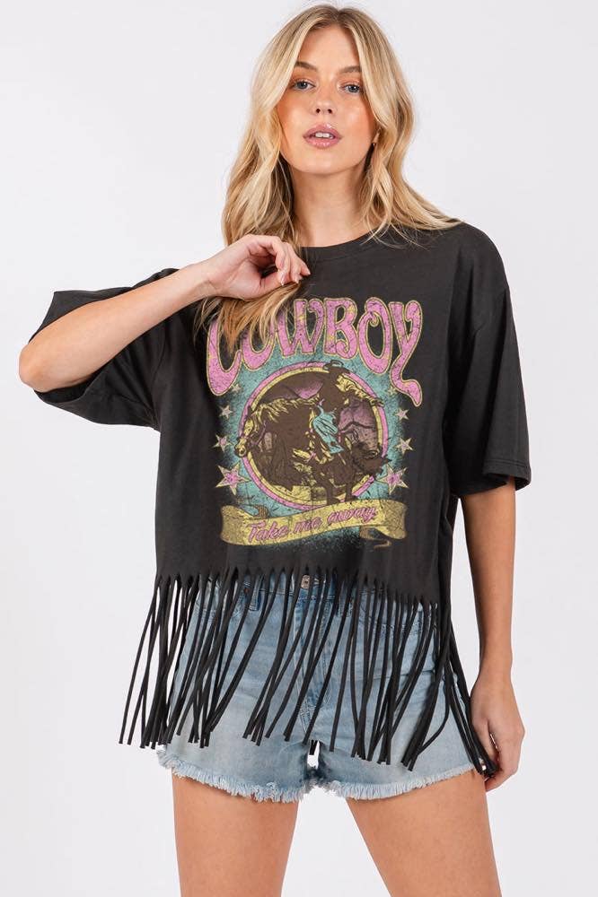 Zutter - Wholesale Screen Printed T-Shirt - Women's - Cowboy Take Me Away Graphic S/S Fringe Tee6