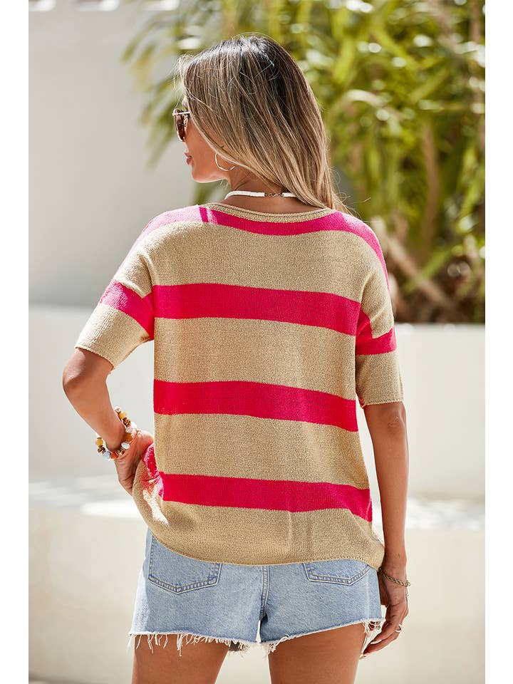 Pink LDC Stripe Colorblock Short Sleeve Crew Neck Sweater for wholesale on Faire
