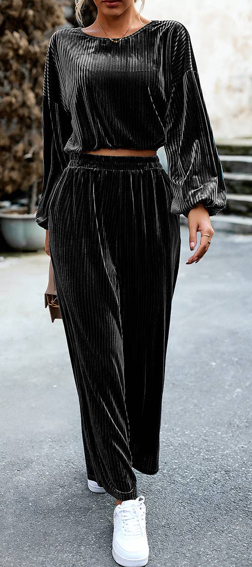 HIDDENBRAND - Wholesale Top & Pant Set (NOT Loungewear) - Women's - Women's Velvet Suit Casual Two Piece3