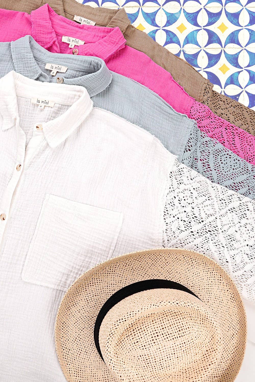 La Miel - Wholesale Button Down Shirt - Women's - SRT7455-Crochet Detailed Sleeve Gauze Button Down Shirts20