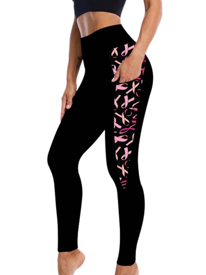 Solid Black with Pink Ribbons Pockets for wholesale by LeggingGirl.com