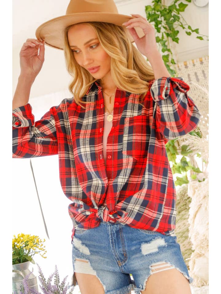 Vine & Love - Wholesale Button Down Shirt - Women's - Collared Pocket Detail Plaid Shirts Top VT50206Q