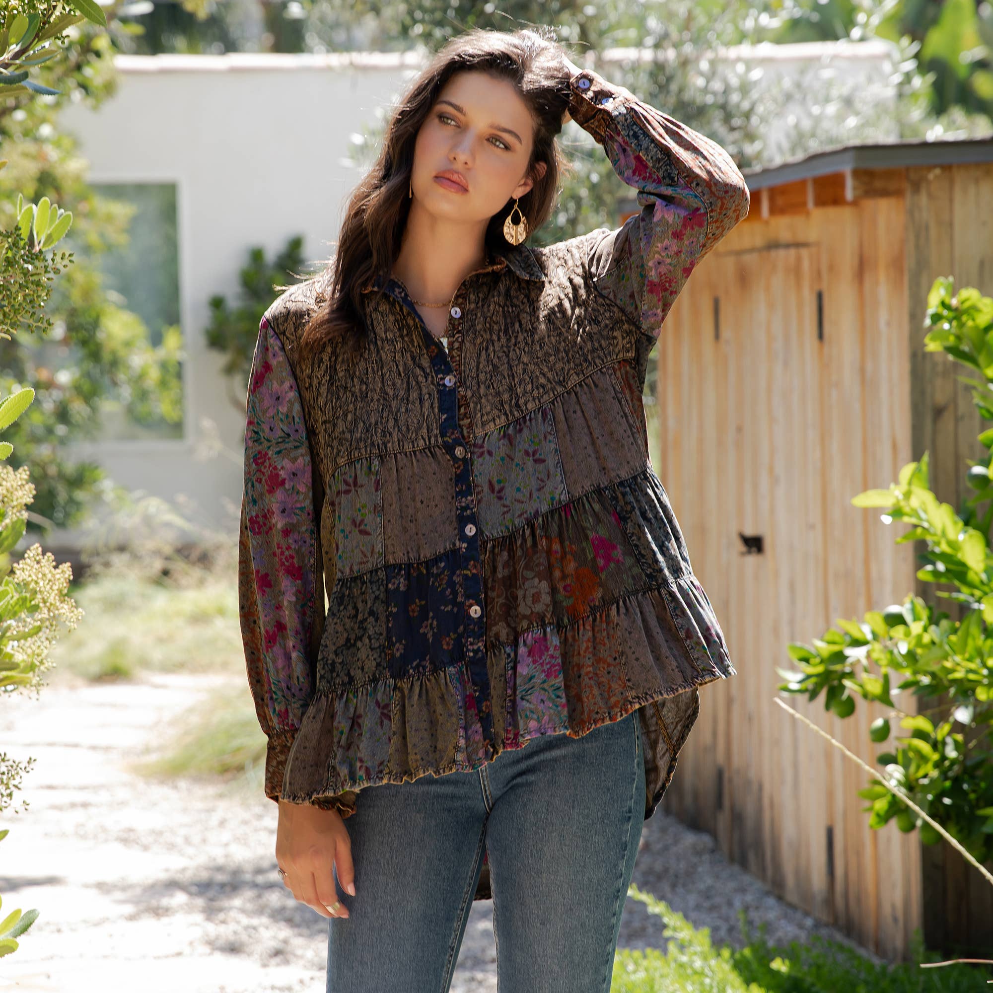 Amber Front-Open Boho Shirt with Quilted Emb & Rayon Tiers for wholesale on Faire5