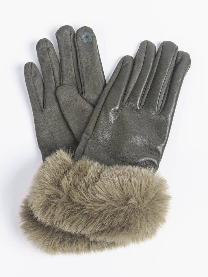 Maya Faux Fur Cuff Gloves - Khaki/Olive, PU for wholesale by Sarta Accessories
