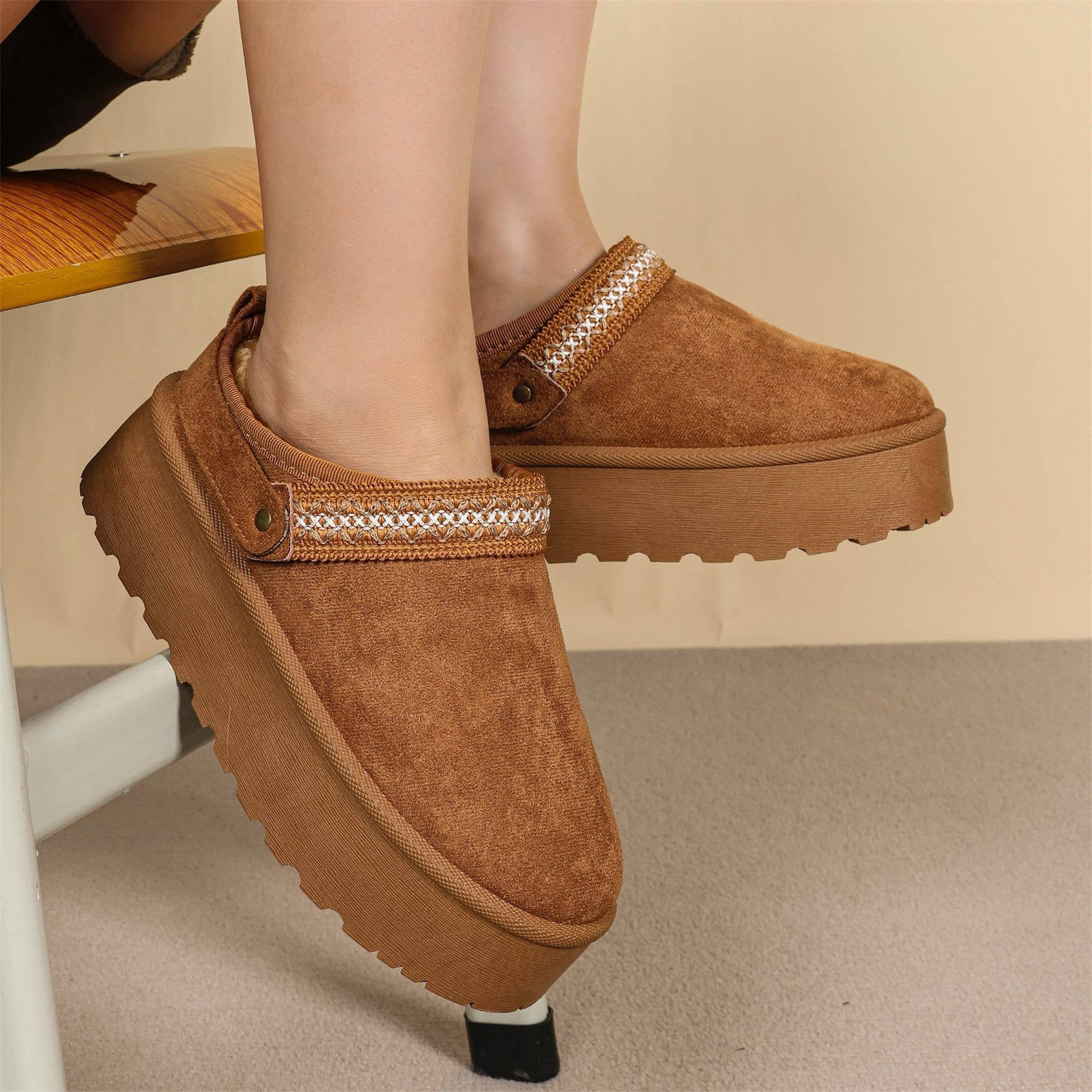 No Doubt Shoes – wholesale Slippers – Women's – FAUX FURR LINED STITCH DETAIL COZY CHUNKY PLATFORM MULES1