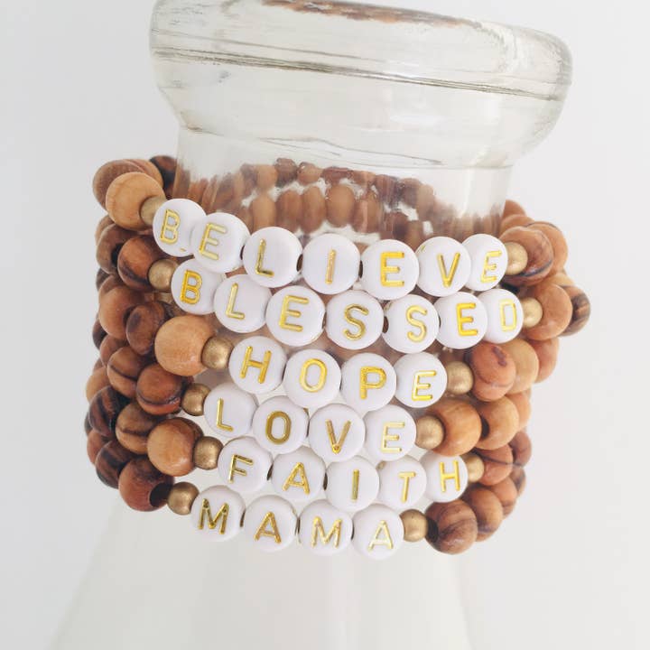 Inspirational Word Olive Wood Stretch Bracelet for wholesale by HL Stacks