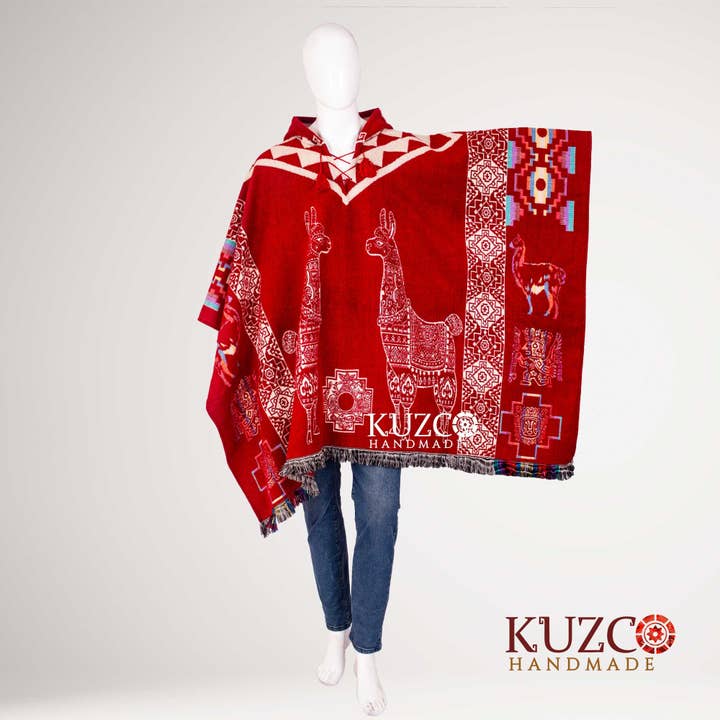 KuzcoHandmade - Wholesale Poncho - Unisex - Unisex Tribal Wool Alpaca Poncho with Geometric Hood4