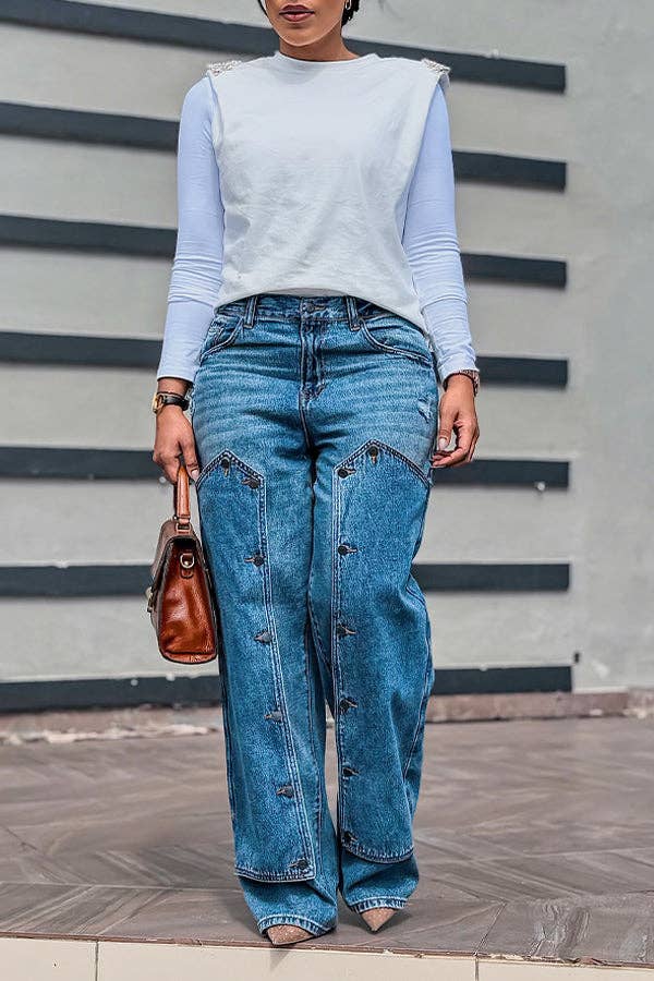 Blue Fashion Patchwork Buttons Denim Pants for wholesale on Faire1