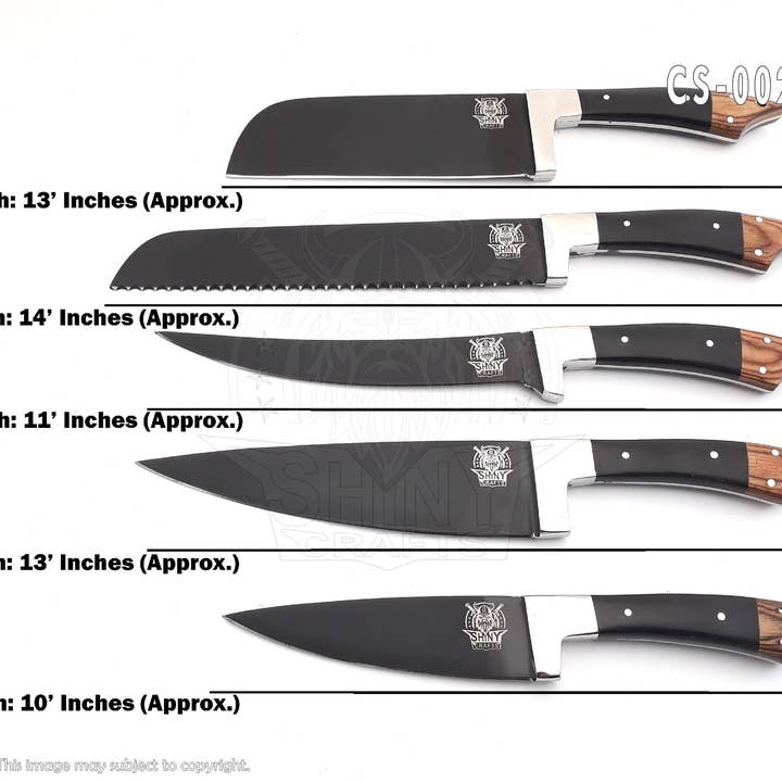 SHINY CRAFTS - Venta al por mayor Juego de cuchillos - Juego de cuchillos de cocina hechos a mano con revestimiento negro con mango de madera y hoja de acero al carbono, juego de cuchillos de chef con rollo de bolsa de cuero y hoja afilada como navaja de alta temperatura (CS-21)3
