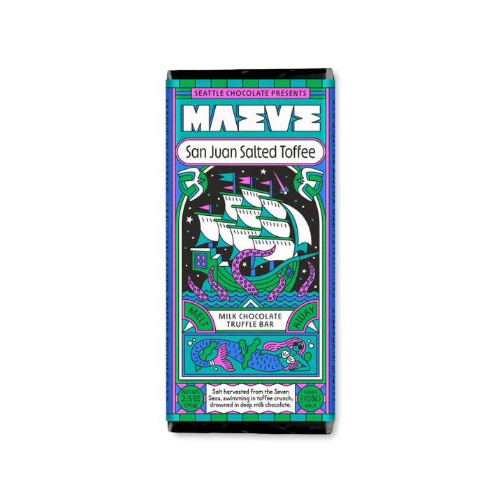 Seattle Chocolate Presents MAEVE - Wholesale Chocolate Bar - San Juan Salted Toffee Truffle bar