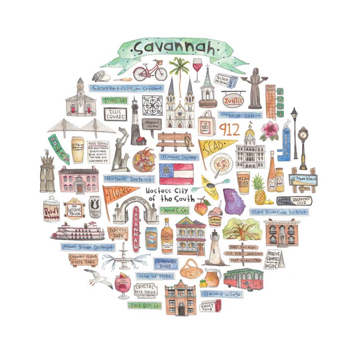 Green Blanky Studio - Venta al por mayor Ilustración - Impresión de acuarela con icono de Savannah, GA1