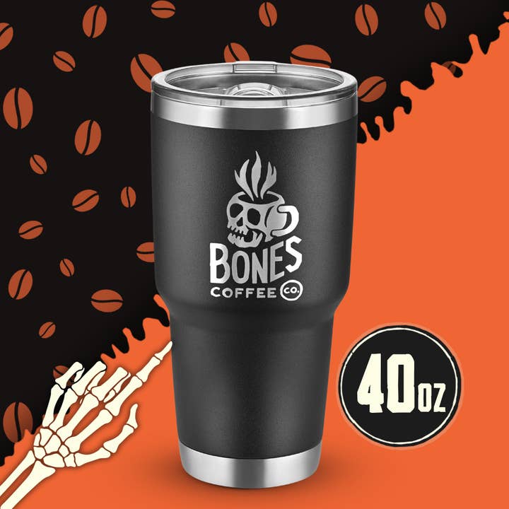 40 oz Stainless Steel Hot/Cold Black Tumbler | Insulated Mug for wholesale by Bones Coffee Company