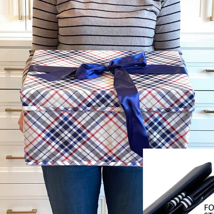 Medium Blue And Red Plaid Reusable Gift Box With Satin for wholesale by EverWrap