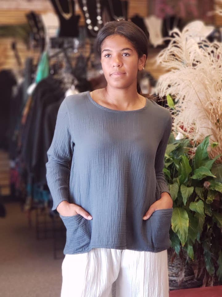 Top Hi-Lo de Algodão Manga Longa - Cinzento por atacado de Zumi