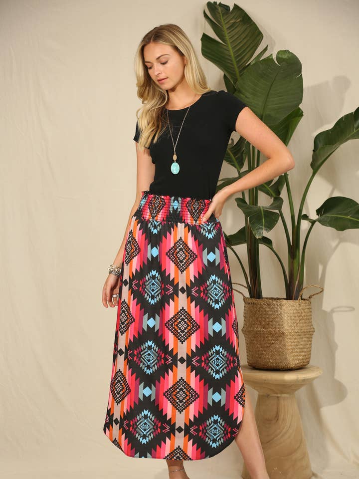 BLACK HOT PINK AV1213-ALANA AZTEC PRINT SMOCK WAIST MAXI SKIRT for wholesale on Faire0