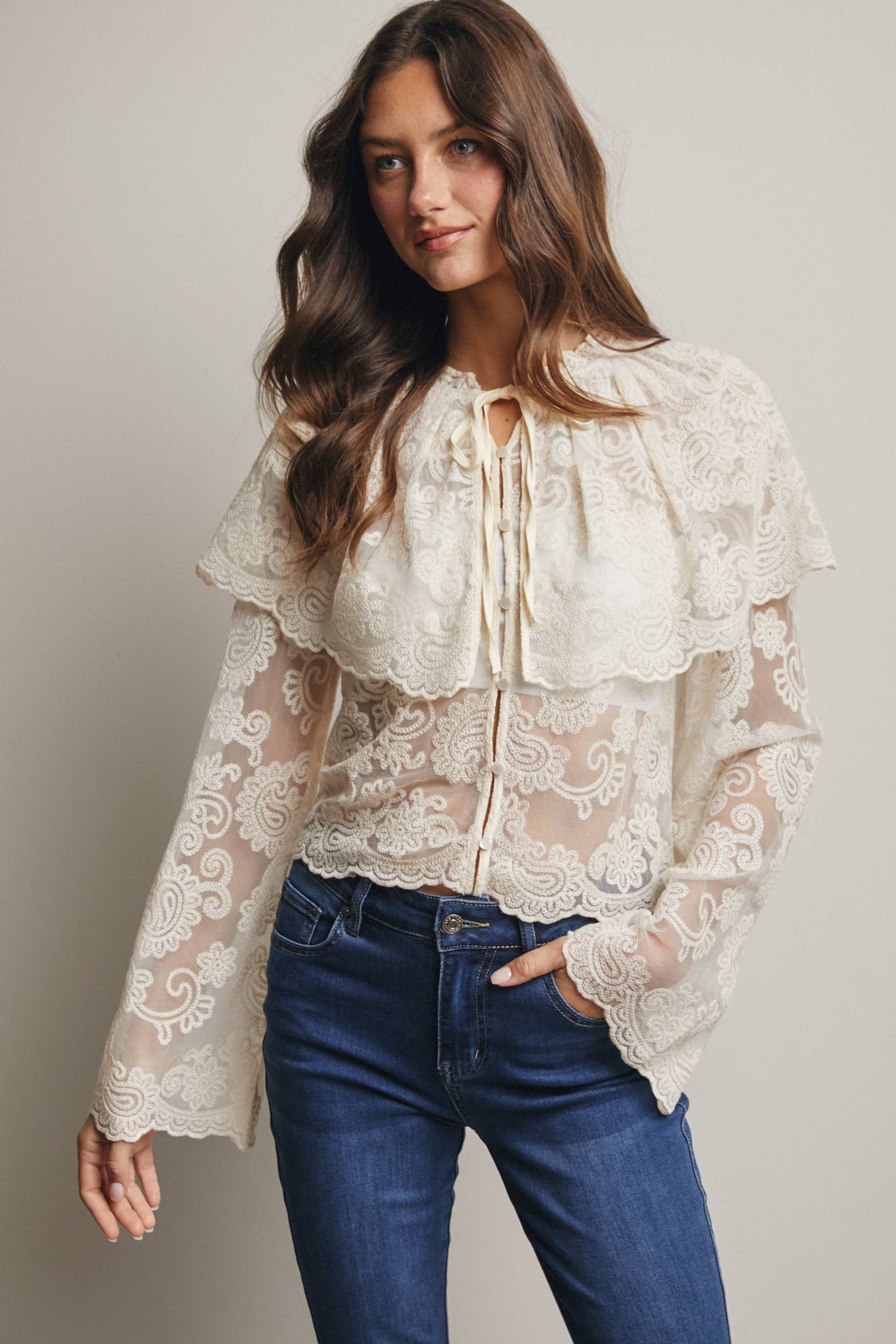 Forte - Wholesale Blouse - Women's - Sheer Embroidered Lace Blouse FT001612