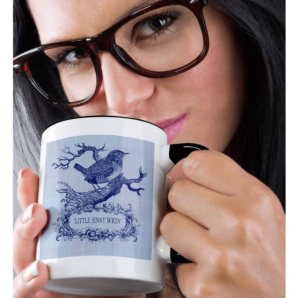 3dRose - Wholesale Coffee Mug - 3dRose, Little Jenny Wren- pretty little bird and cartouche in blue, Mug1