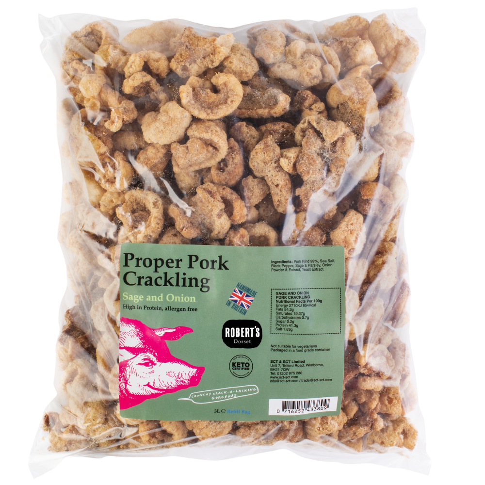 Robert’s Dorset – wholesale Puffed snack – Proper Pork Crackling 3L / 800g Refill Bag5