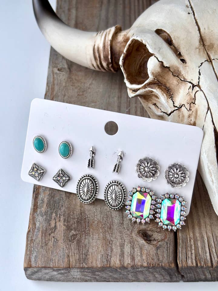6 Pair Set of Western Style Stud Earrings for wholesale by Boho Ranch Shop