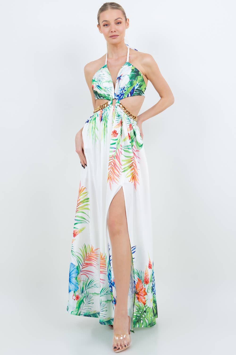 IVORY DM4190 TROPICAL FLORAL HALTER CUT OUT W CHAIN MAXI DRESS for wholesale on Faire2
