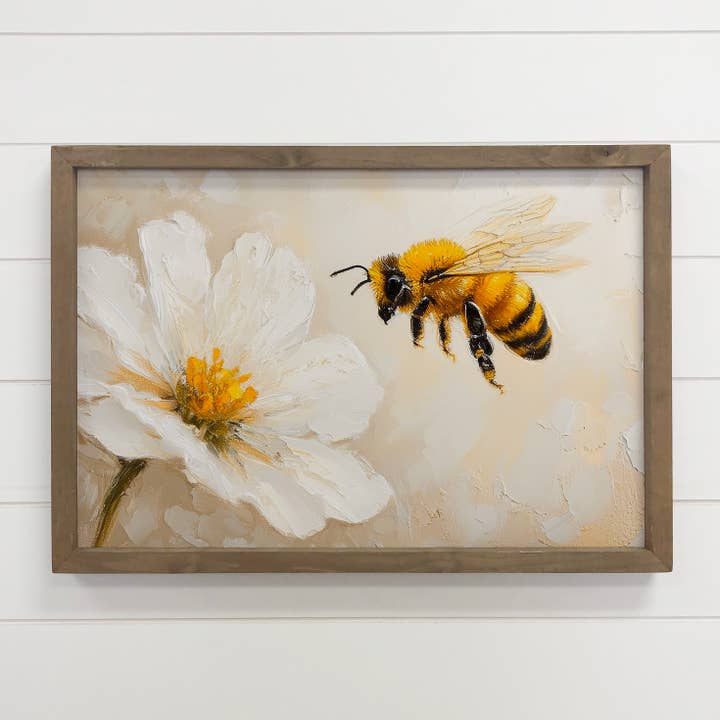 Bee and White Flower - Flower Canvas Art - Wood Framed Art for wholesale by Hangout Home