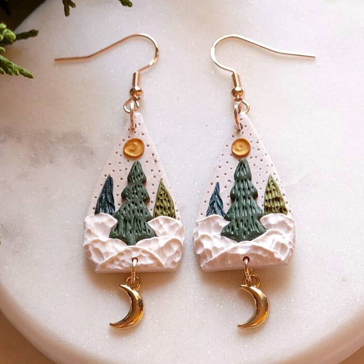Enchanted Christmas Tree Winter Clay Gold Moon Earrings for wholesale by Foxy Method