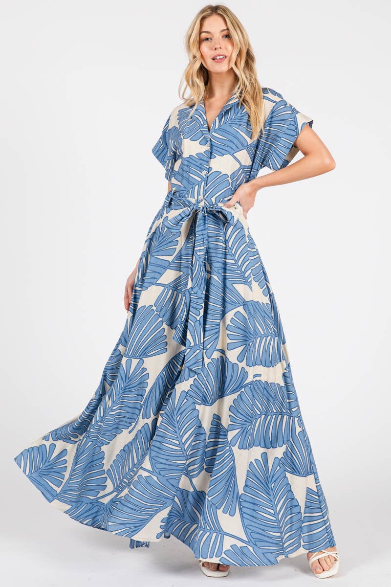 B I G H I T Fashion - Wholesale Dress - Women's - Palm Print Short Sleeve Button-Down Maxi Dress HD3020-BLUE3