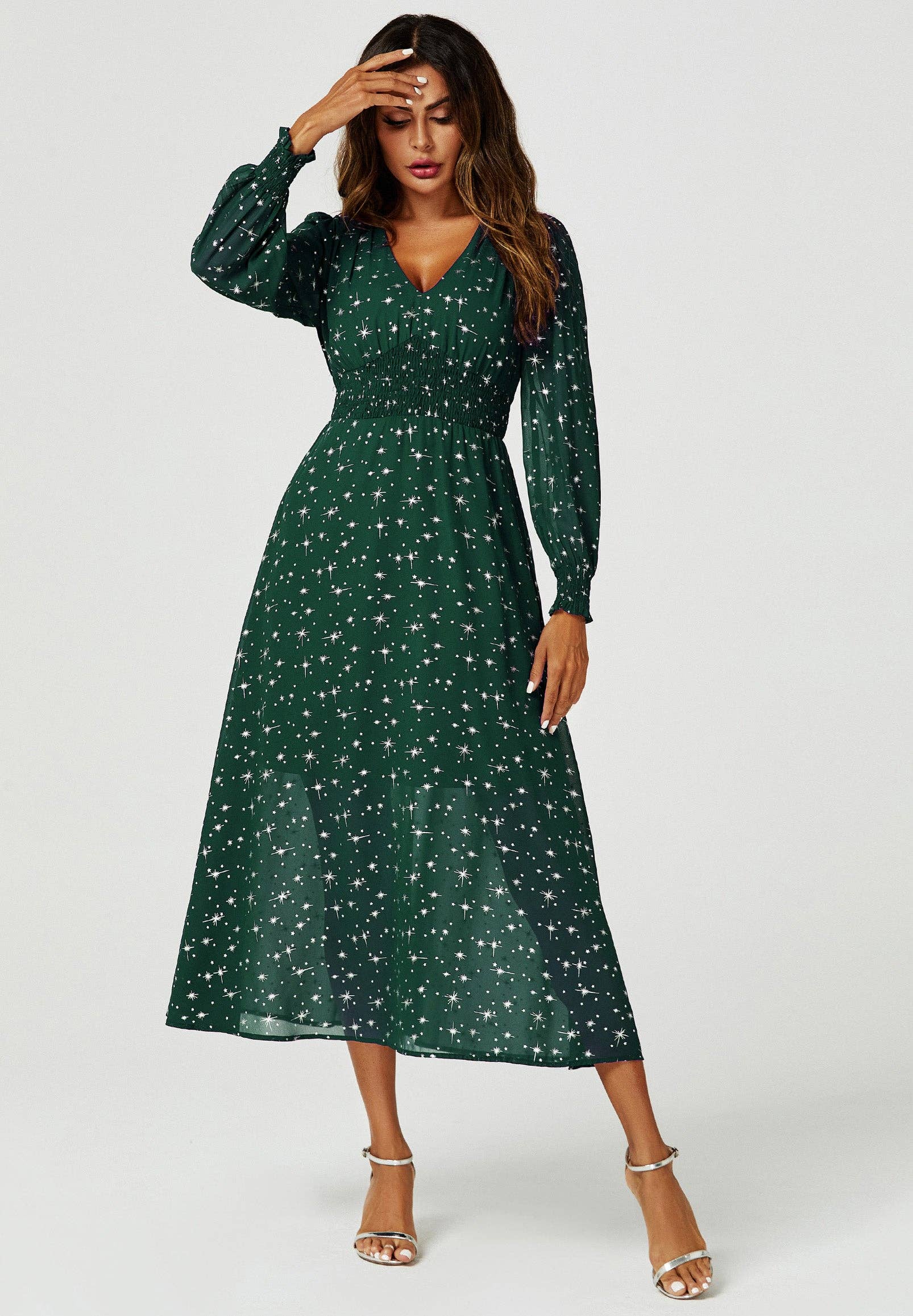 Silver Star Foil Long Sleeve Maxi Dress In Green for wholesale on Faire1