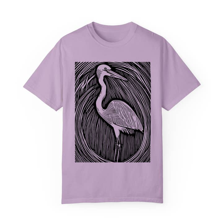 Heron Hand Printed Tee Shirt on 100% Cotton | Birding Shirt for wholesale by Our Wild Puget Sound