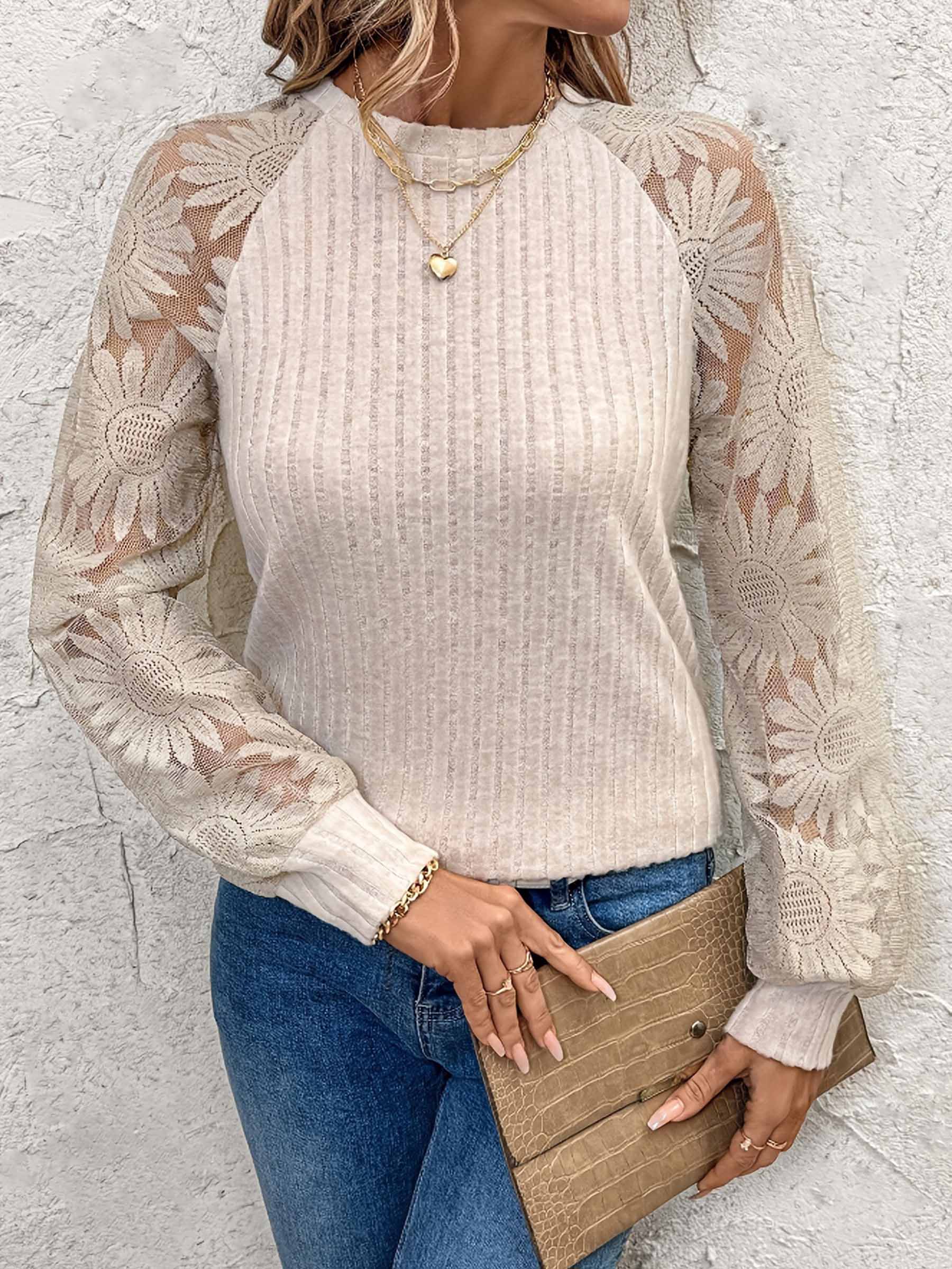 Beige Round Neck Lace Patchwork Long Sleeved Top for wholesale on Faire1