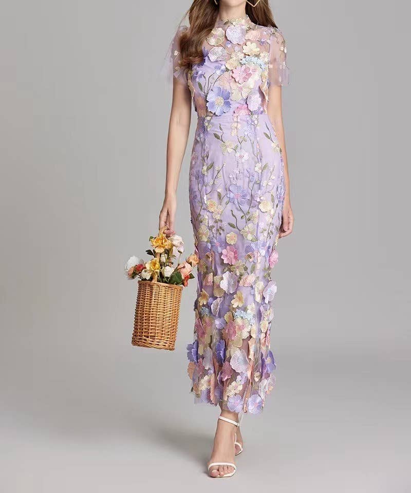 Productseeker - Wholesale Formele jurk - Dames - DR0270Y elegante avondjurk met bloemen in mesh en visstaart3