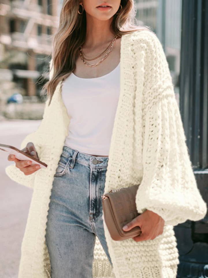 White Chunky Oversize Knit Drop Shoulder Puff Sleeve Cardigan for wholesale by Lovesoft