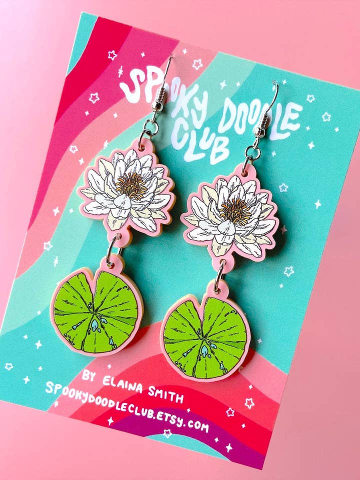 Lily Pad Earrings - Blooming Lotus Acrylic Earrings for wholesale by Spooky Doodle Club