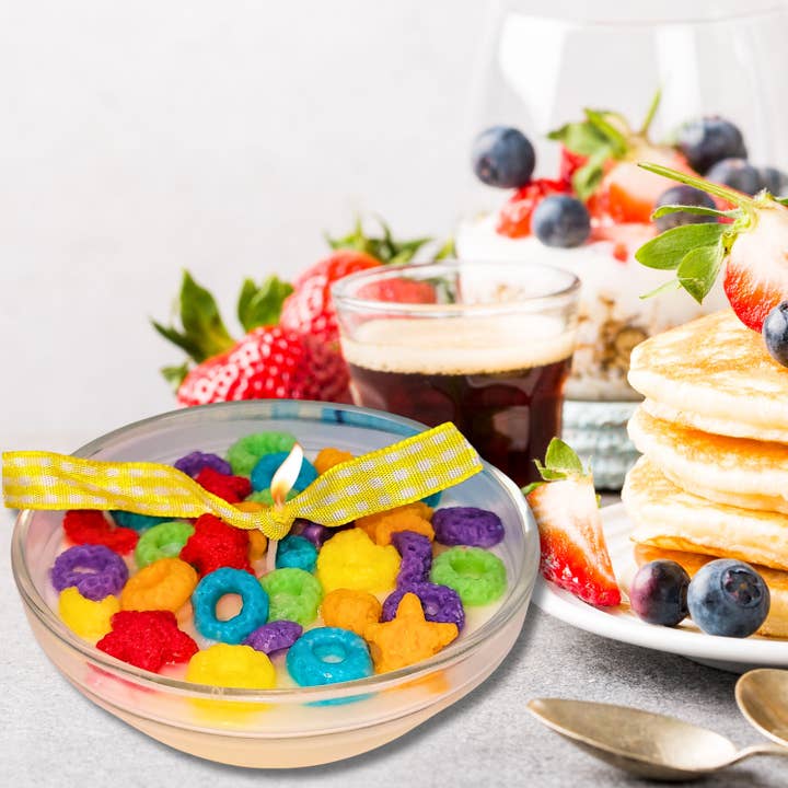 Rainbow Fruity O's Cereal Scented Soy Wax Candle for wholesale by Toybox Fashions