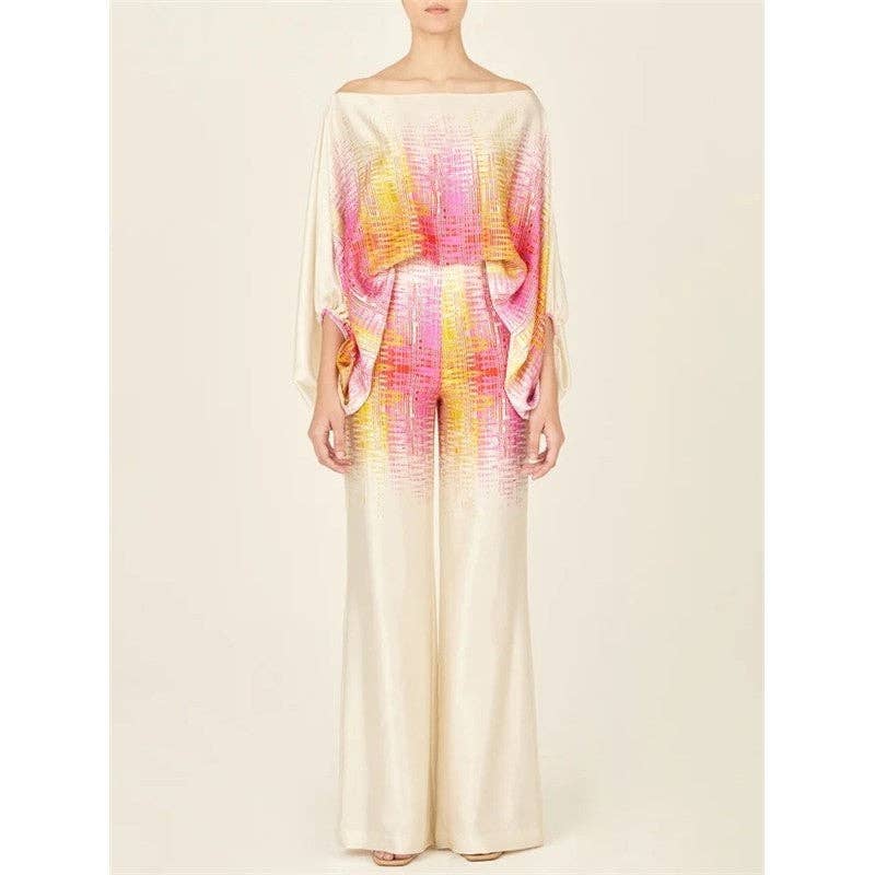 UZ Wholesale Store - Wholesale Top & Pant Set (NOT Loungewear) - Women's - Printing Boat Neck Balloon Sleeve Top And Wide Leg Pants Two Pieces Suits6