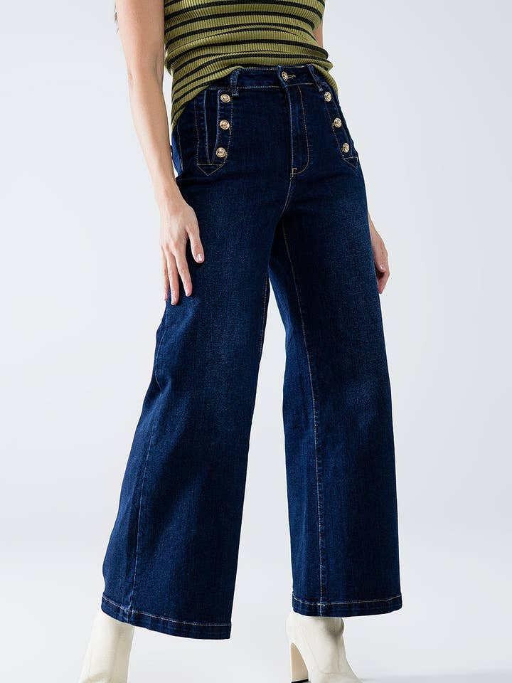Blue Marine-style Wide Leg Jeans With Gold Buttons for wholesale on Faire4