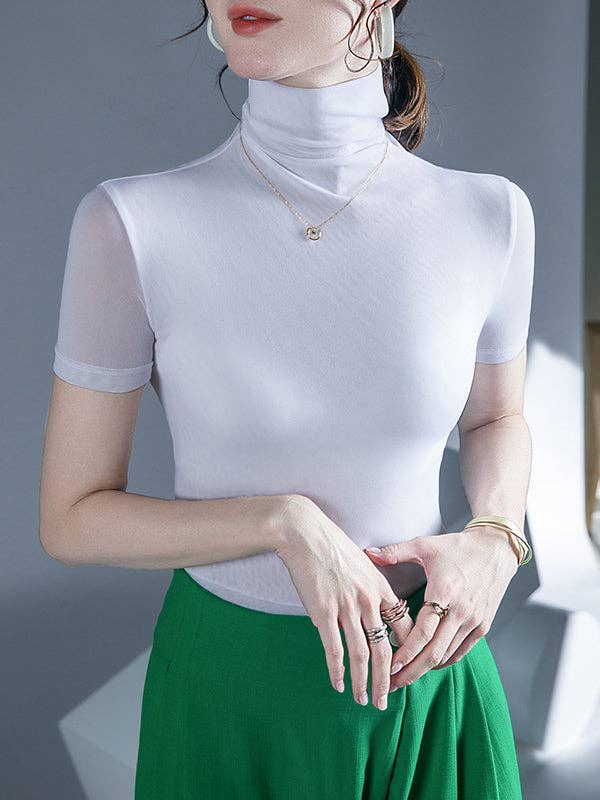 Mirazshoes WholeSale – Großhandel Strickoberteil – Damen – Halbärmelige, enge, einfarbige T-Shirts mit hohem Kragen14