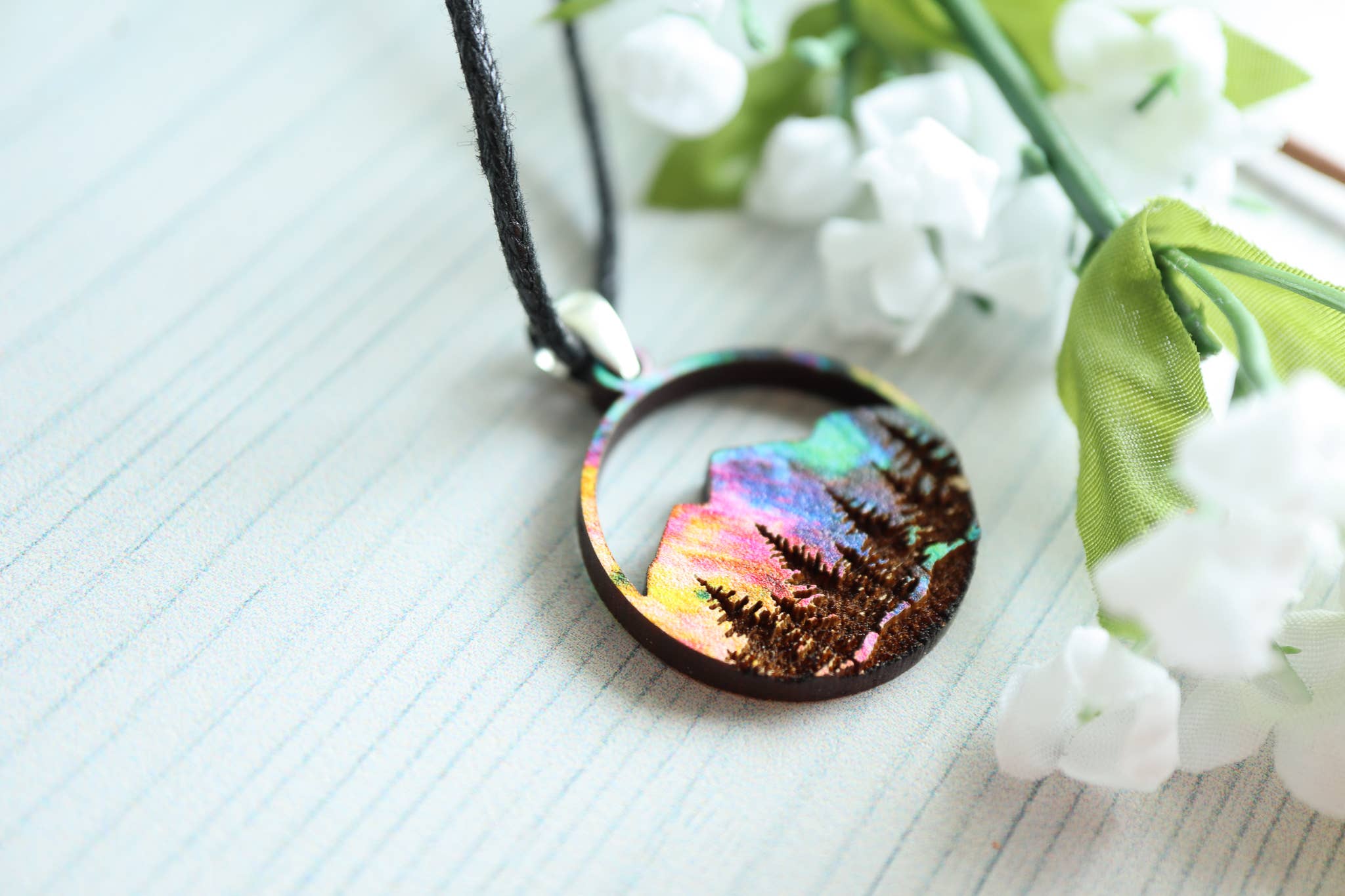 Nine Mile Creative - Wholesale Pendant/Charm Necklace - Aurora Mountains Wood Pendant Adjustable Necklace2