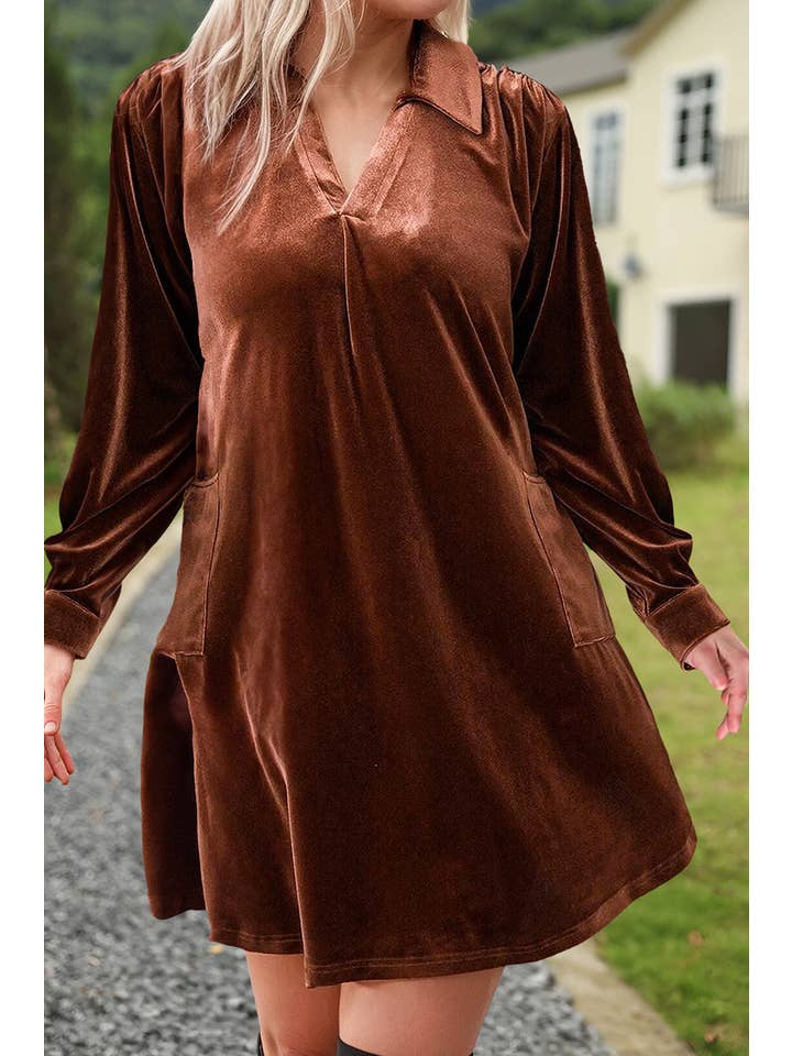 Brown Plus Size V Neck Collared Pleated Back Velvet Dress for wholesale on Faire