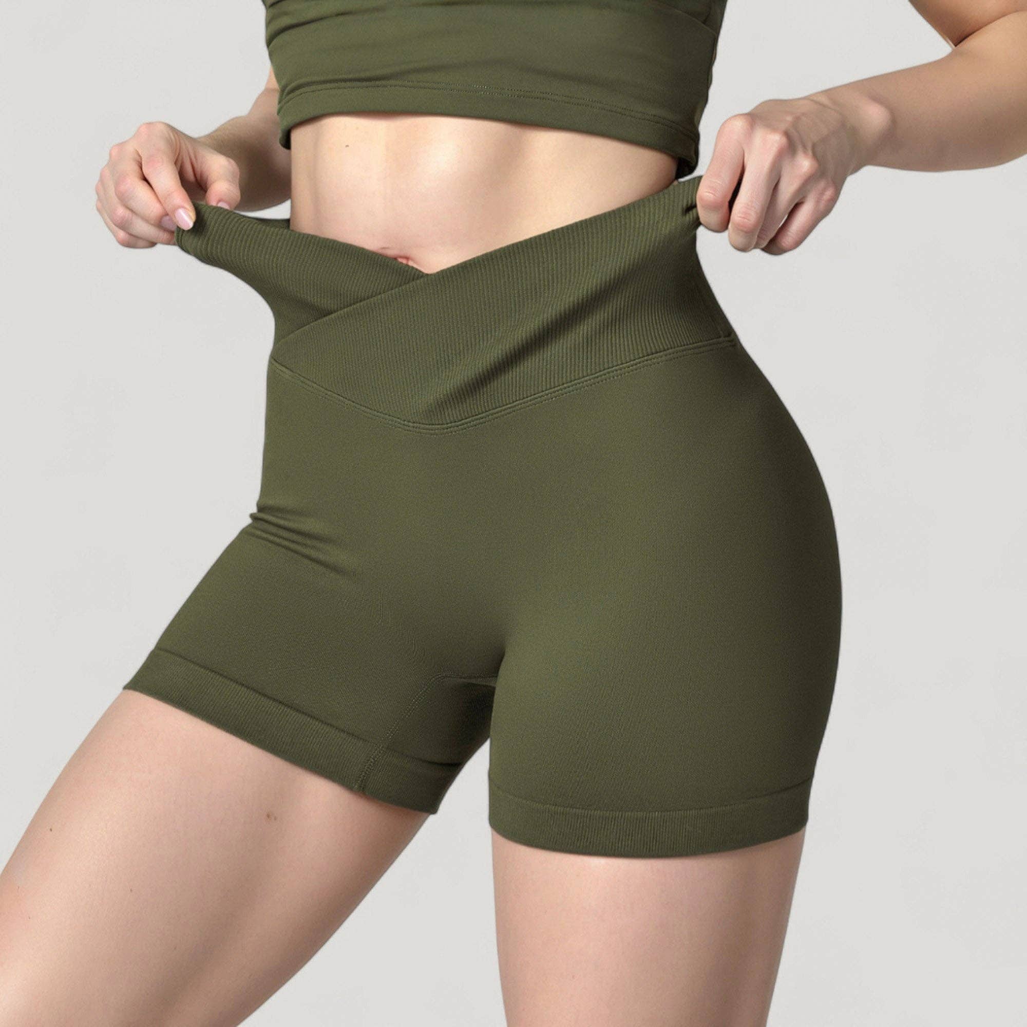 Active by Anna-Kaci – wholesale Athletic shorts – Women's – High Waist Seamless Ribbed Biker Shorts with Crossover Waist25