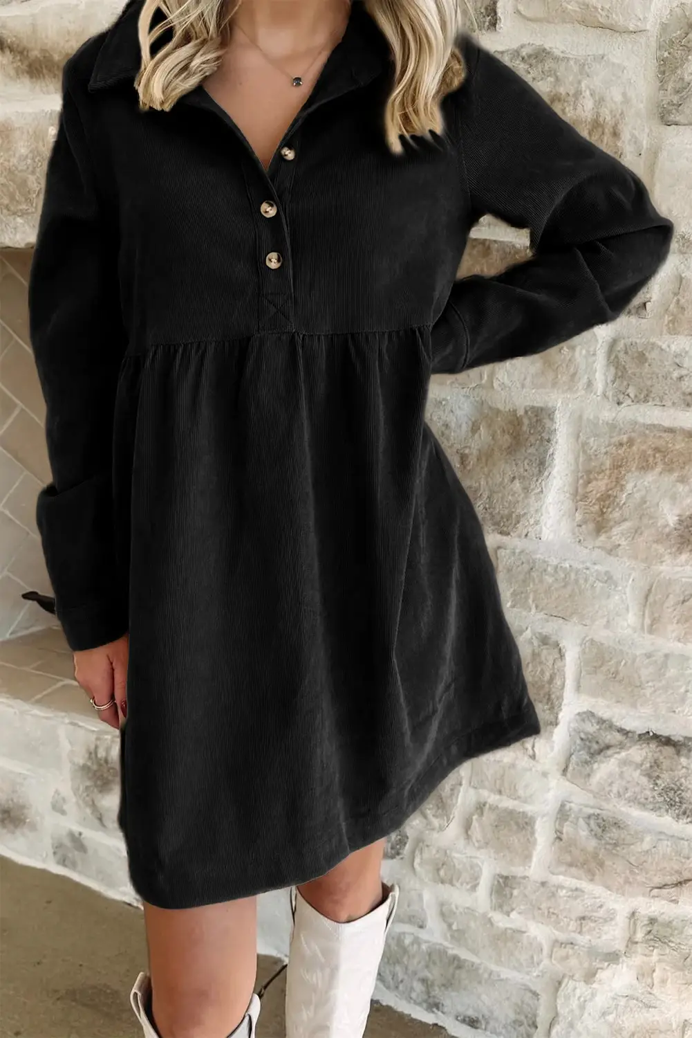 FULL TIME PURCHASE - Wholesale Dress - Women's - Corduroy Half Button Collared Long Sleeve Mini Dress2